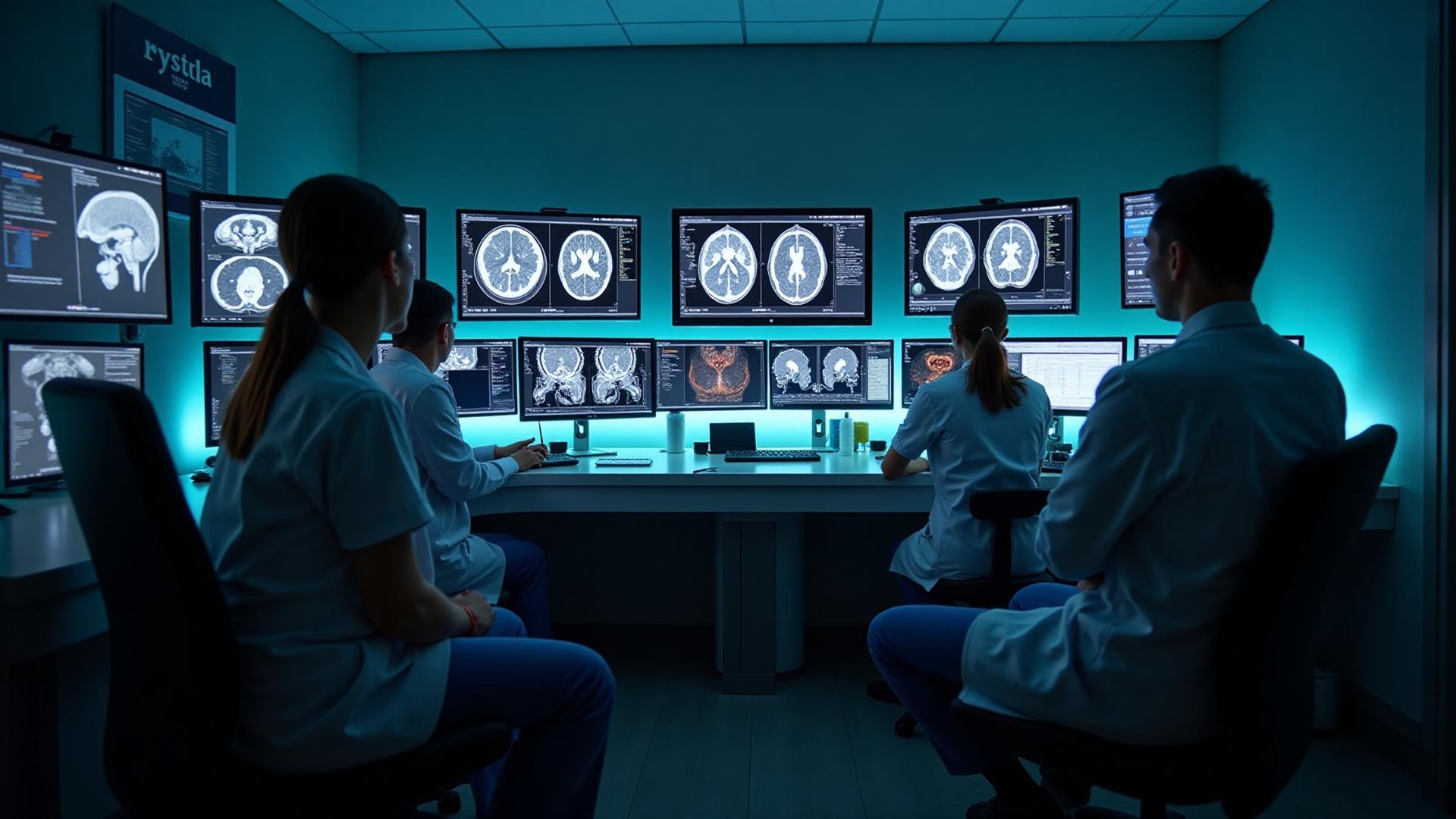 Equipo médico profesional revisando imágenes de TAC en estación de trabajo moderna - tecnología médica avanzada