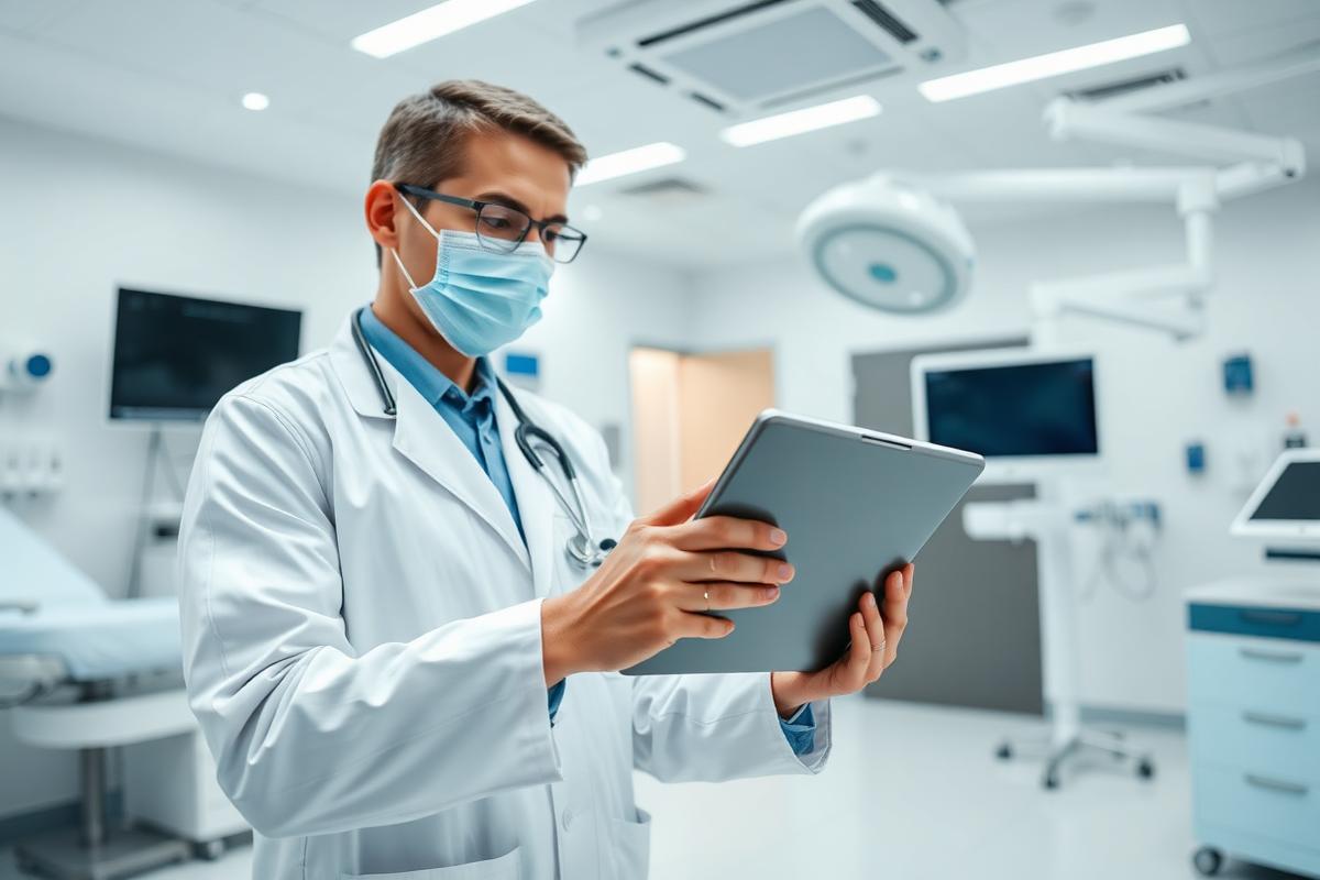 Profesional de salud analizando tecnología médica en tablet - evaluación de soluciones de IA clínica